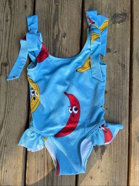 HUGO LOVES TIKI 2T Blue One-Piece Swimsuit with Red and Yellow Banana Print